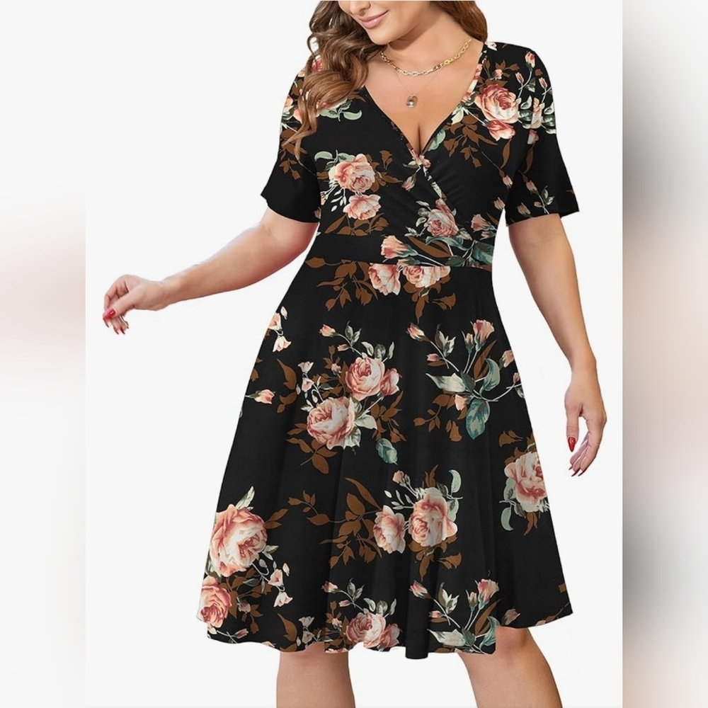 NWT Ahlaray Short Sleeve Faux Wrap Casual Swing Dress w pockets sz 4X or 26W